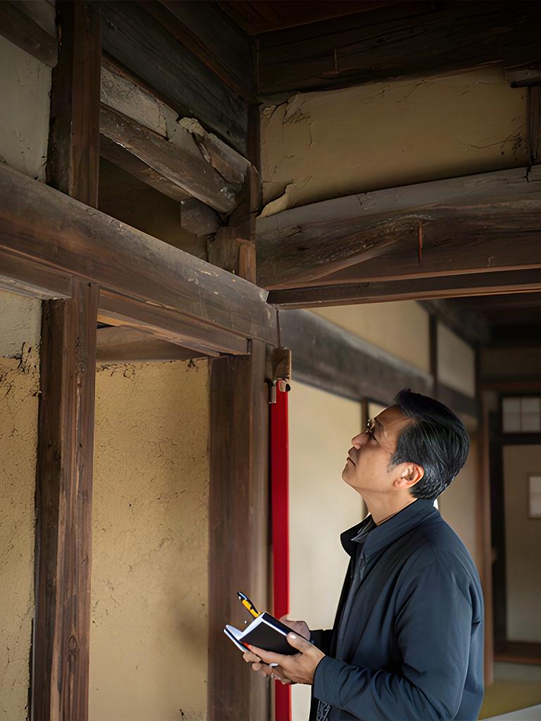 大阪の古い町家で梁と土壁を調査する建築士の様子